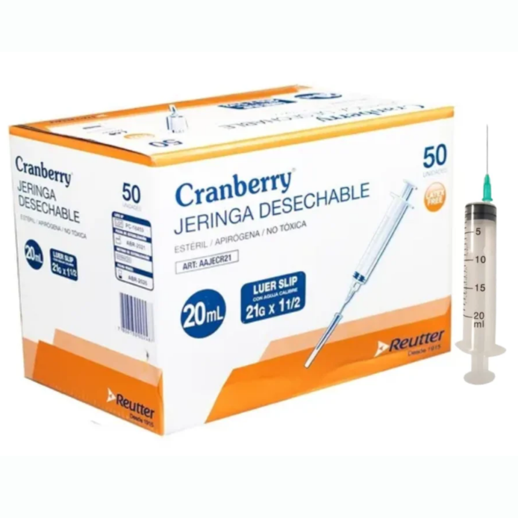 Jeringa Con Aguja  20 ml Luer Slip 21g X 1 1/2 cja x 50