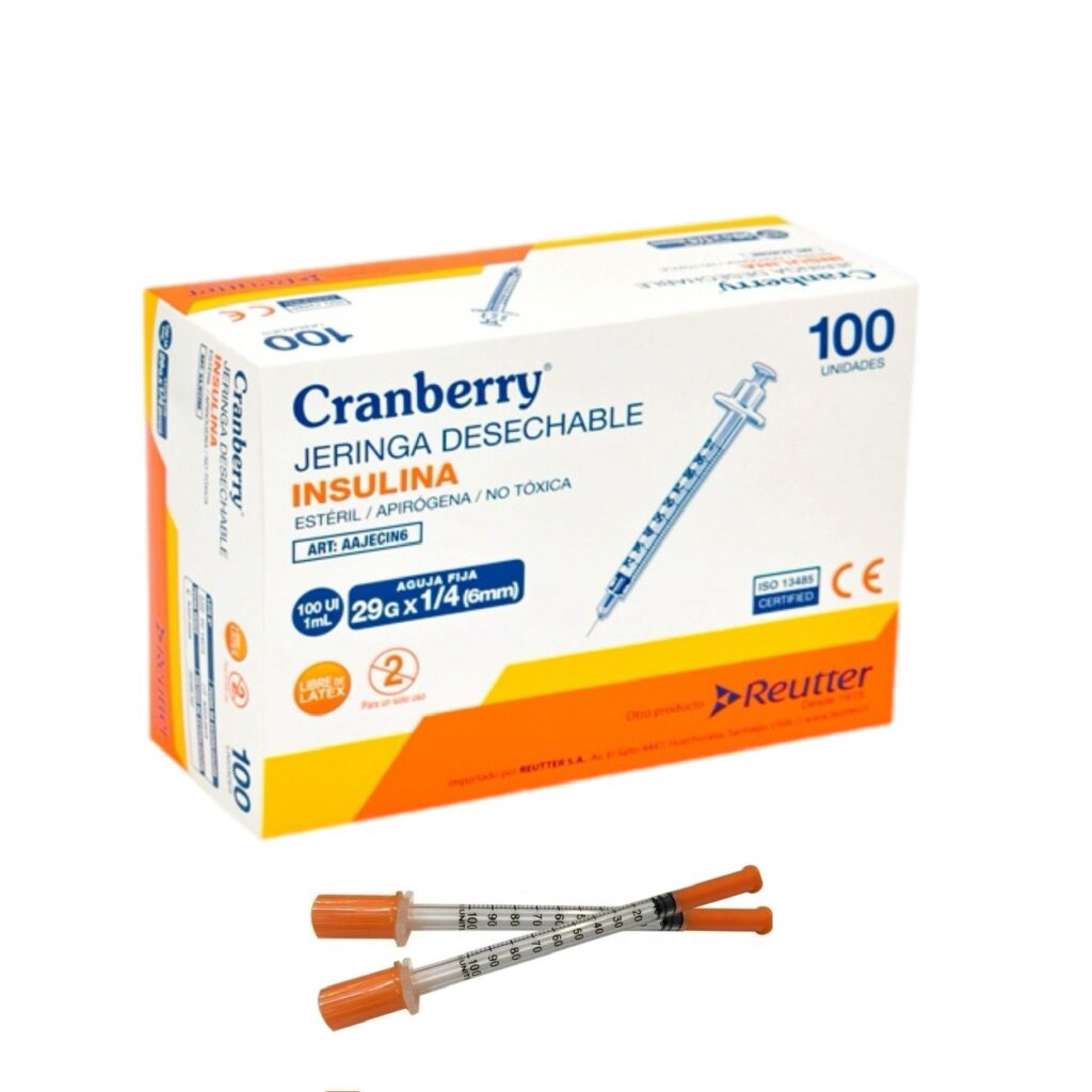 Jeringa Insulina 29g X 1/4 Cranberry desechables cja x 100